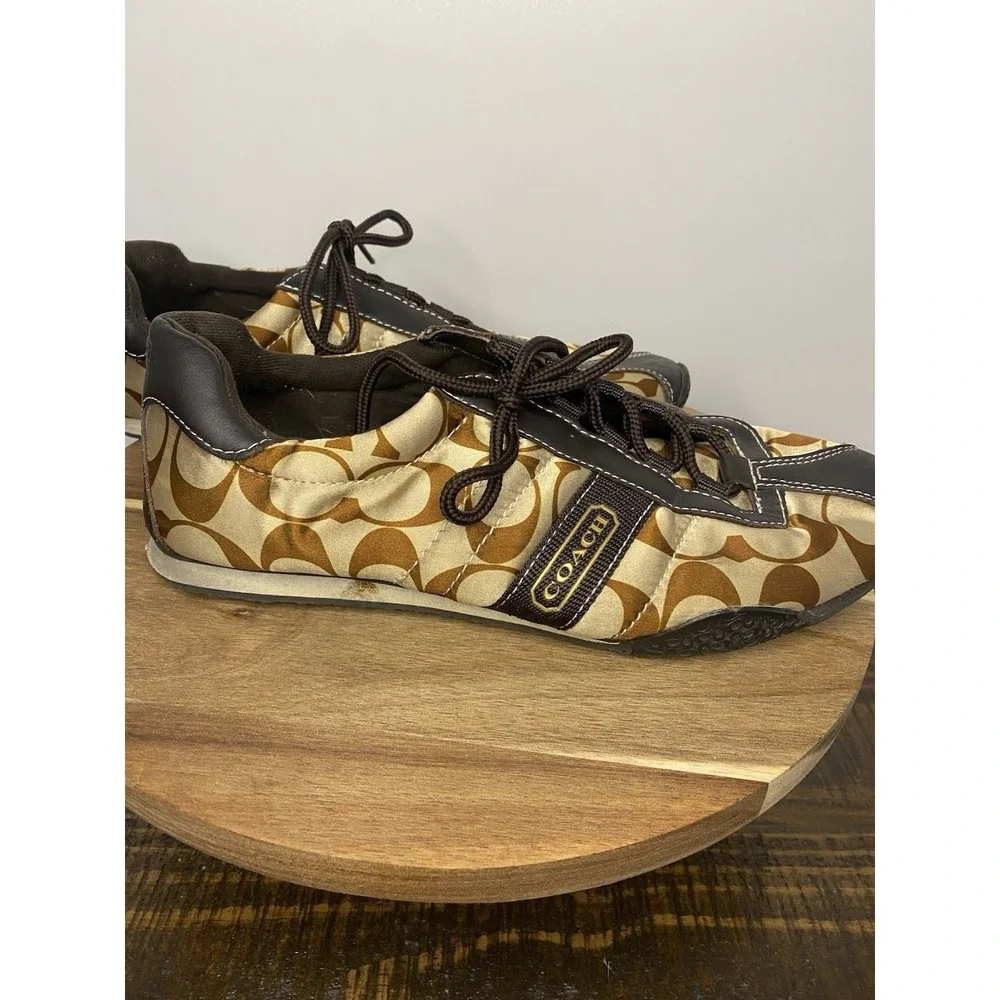 Woman's COACH Kirby Size 8 Sateen Tennis Sneakers Shoes Signature Brown and Tan